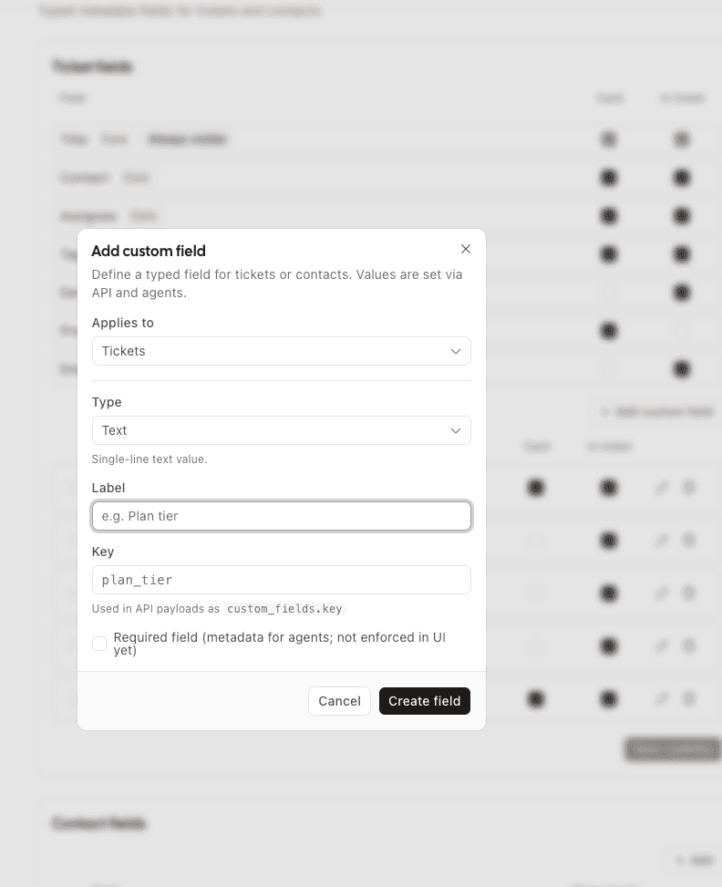 Add custom field modal for defining typed ticket or contact fields