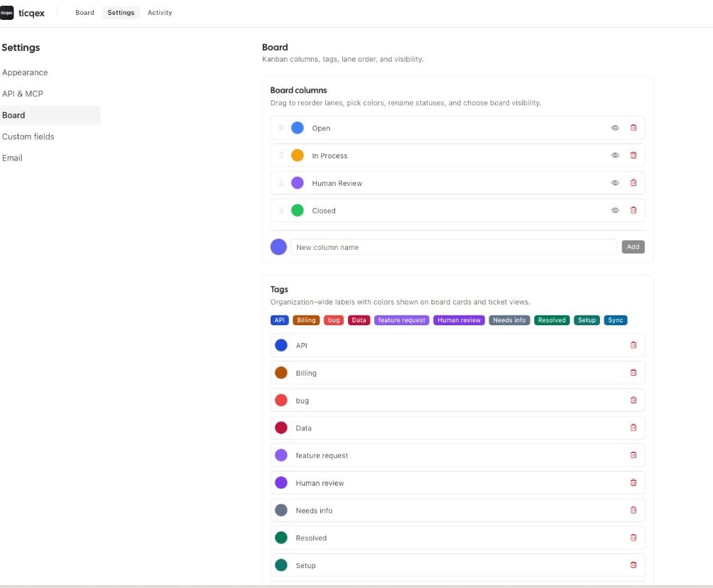 Ticqex board settings for Kanban columns, tags, and lane visibility