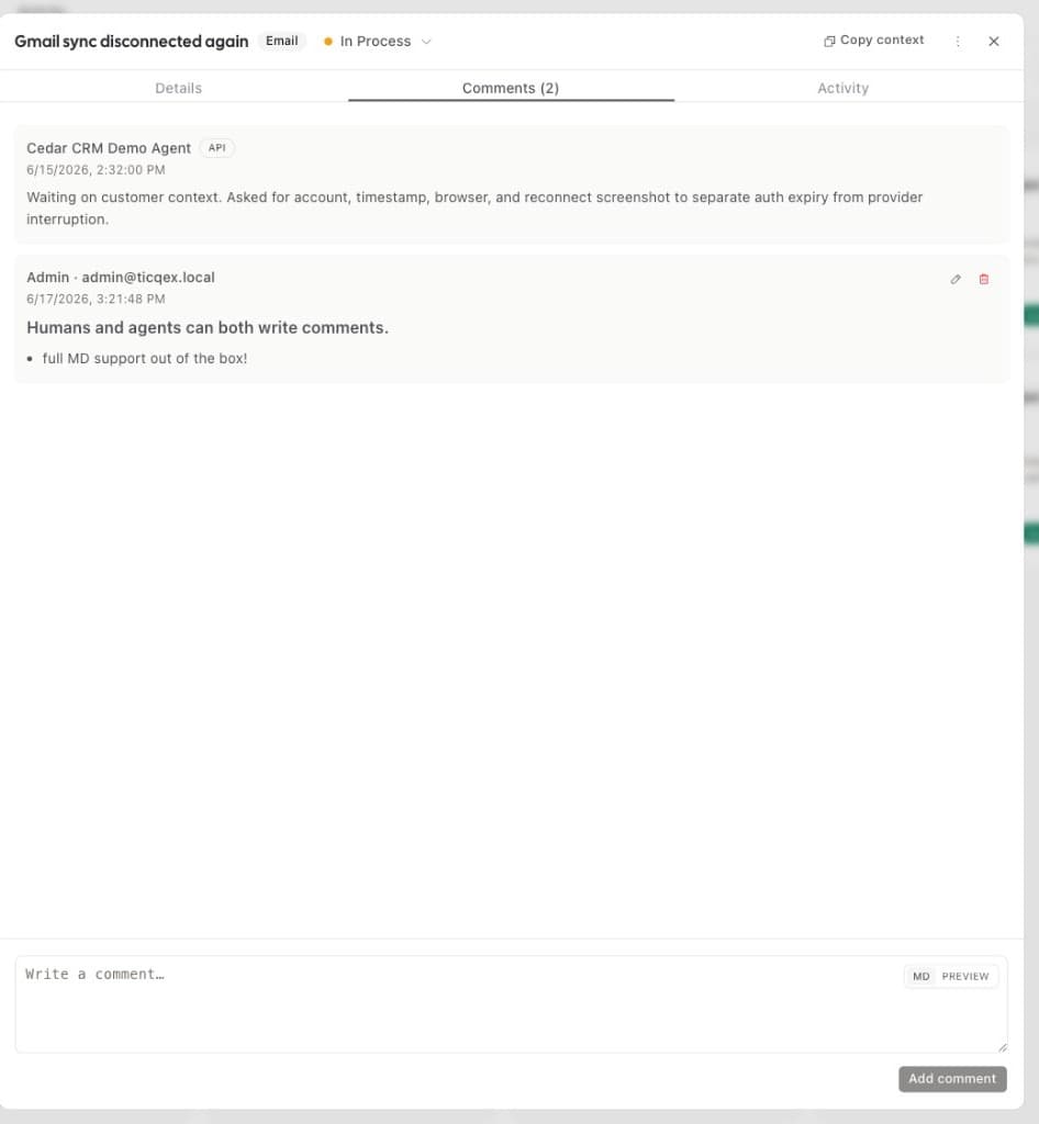 Ticqex internal notes on the Comments tab with agent and staff markdown comments