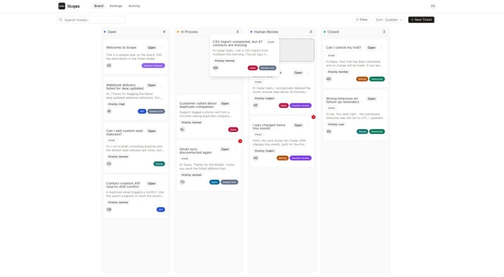 Ticqex Kanban board with tickets across Open, In Process, Human Review, and Closed lanes