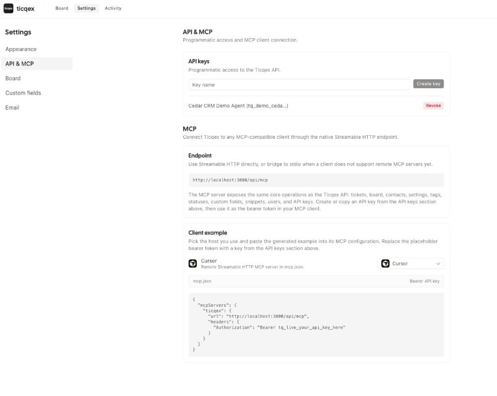 Ticqex API and MCP settings with API keys, endpoint URL, and client configuration snippets