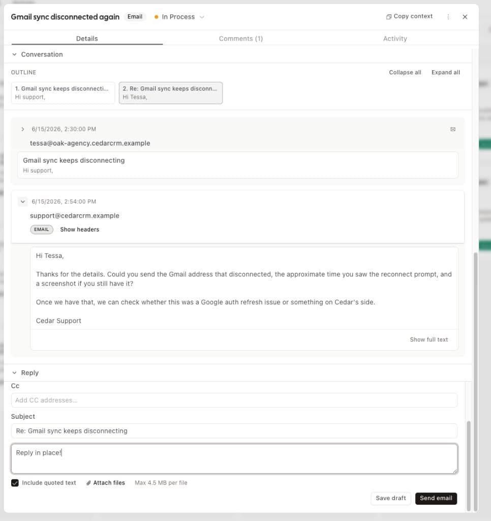 Ticqex email conversation with threaded messages and reply-in-place compose area