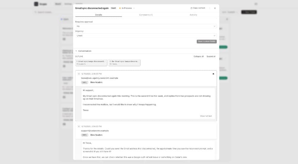 Ticqex ticket modal showing custom fields, email conversation thread, and Copy context